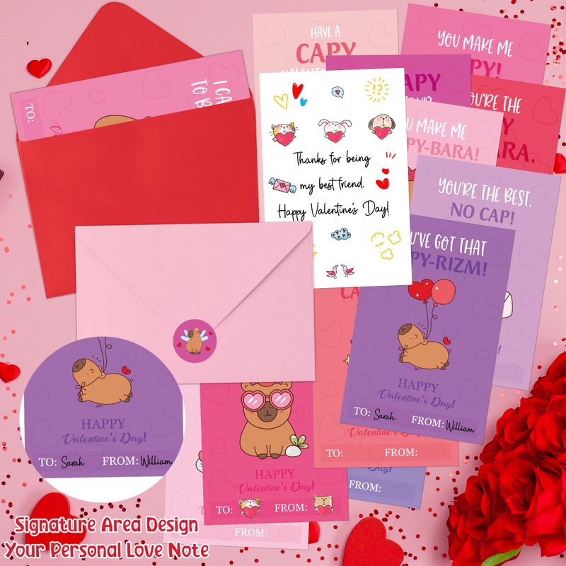 TICIAGA 72pcs Valentine's Day Capybara Greeting Card with Envelop and Stickers for Kids, Fun Animal Notecard Gift Cards for Boys and Girls School Classroom Exchange, Valentines Capybara Party Favors - Image 3