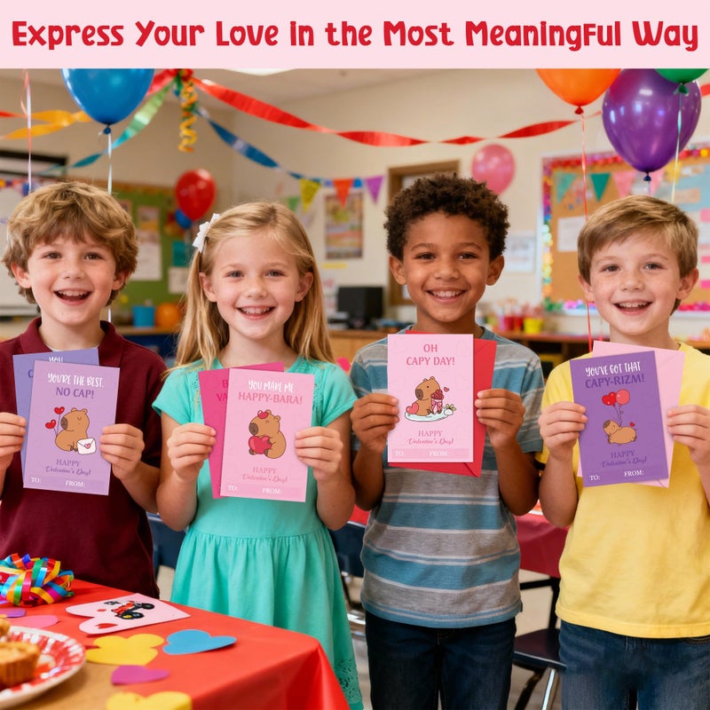 TICIAGA 72pcs Valentine's Day Capybara Greeting Card with Envelop and Stickers for Kids, Fun Animal Notecard Gift Cards for Boys and Girls School Classroom Exchange, Valentines Capybara Party Favors - Image 5