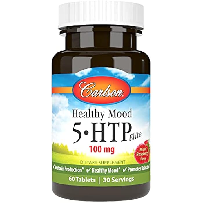 Carlson Healthy Mood 5-HTP Elite 100 mg with Vitamin B6 - Mood Support & Relaxation Supplement - Raspberry Chewable - 60 Tablets - Image 1