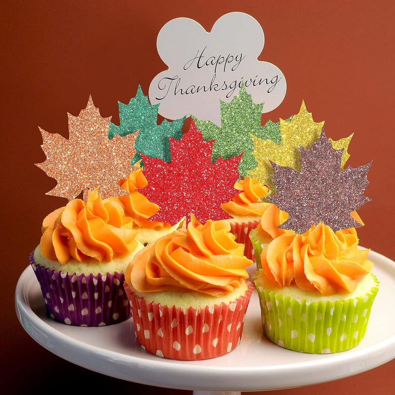 كلاراكو 48 قطعة من زينة الكب كيك على شكل ورقة القيقب اللامعة لعيد الشكر، 8 قطع من زينة الكب كيك على شكل أوراق شجر بألوان متنوعة، زينة الكب كيك لحصاد عطلة الخريف، لوازم تزيين حفلات الخريف - Image 4