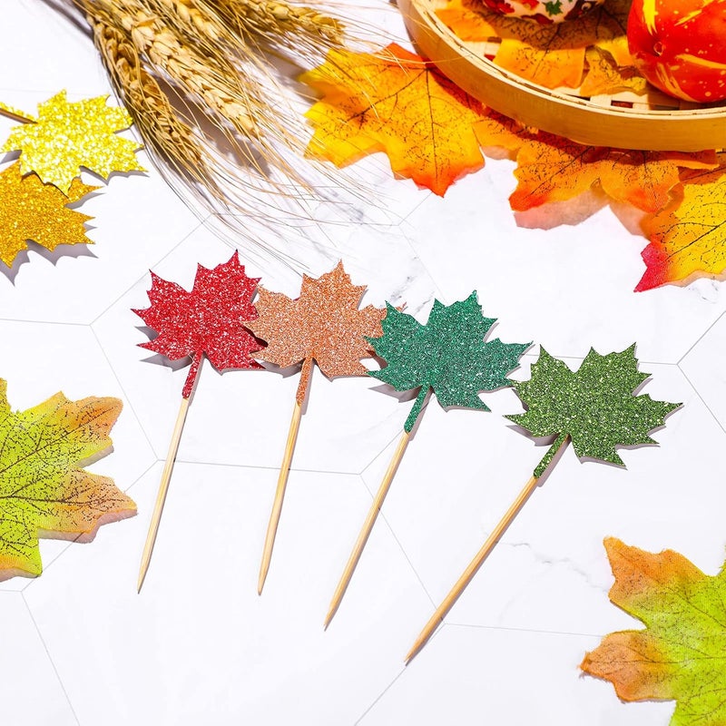 كلاراكو 48 قطعة من زينة الكب كيك على شكل ورقة القيقب اللامعة لعيد الشكر، 8 قطع من زينة الكب كيك على شكل أوراق شجر بألوان متنوعة، زينة الكب كيك لحصاد عطلة الخريف، لوازم تزيين حفلات الخريف - Image 3