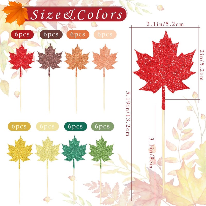 كلاراكو 48 قطعة من زينة الكب كيك على شكل ورقة القيقب اللامعة لعيد الشكر، 8 قطع من زينة الكب كيك على شكل أوراق شجر بألوان متنوعة، زينة الكب كيك لحصاد عطلة الخريف، لوازم تزيين حفلات الخريف - Image 2