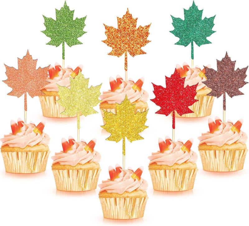 كلاراكو 48 قطعة من زينة الكب كيك على شكل ورقة القيقب اللامعة لعيد الشكر، 8 قطع من زينة الكب كيك على شكل أوراق شجر بألوان متنوعة، زينة الكب كيك لحصاد عطلة الخريف، لوازم تزيين حفلات الخريف - Image 1