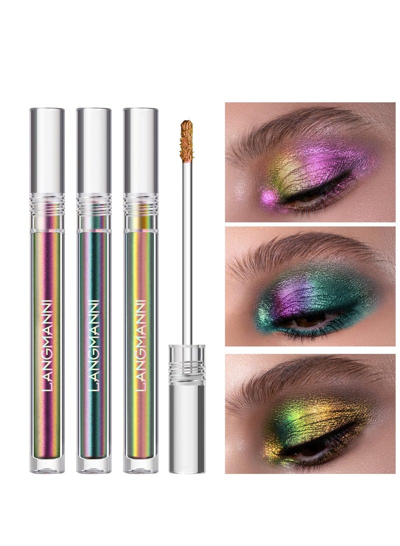 3 Pcs Multicolor Eyeshadow, 3 Color Metallic Liquid Chameleon Eyeshadow Multidimensional Eye Makeup Long Lasting Holographic Glitter Waterproof and Long Lasting Crease-Free Eyeshadow Makeup Gift Set - Image 1