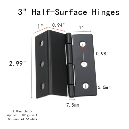 Tsnamay 6Pcs 3" Half-Surface Hinges Chest Hinges,1.8mm Thickness Bending Black Semi-Concealed Three Fold Retro Hinge - Image 2
