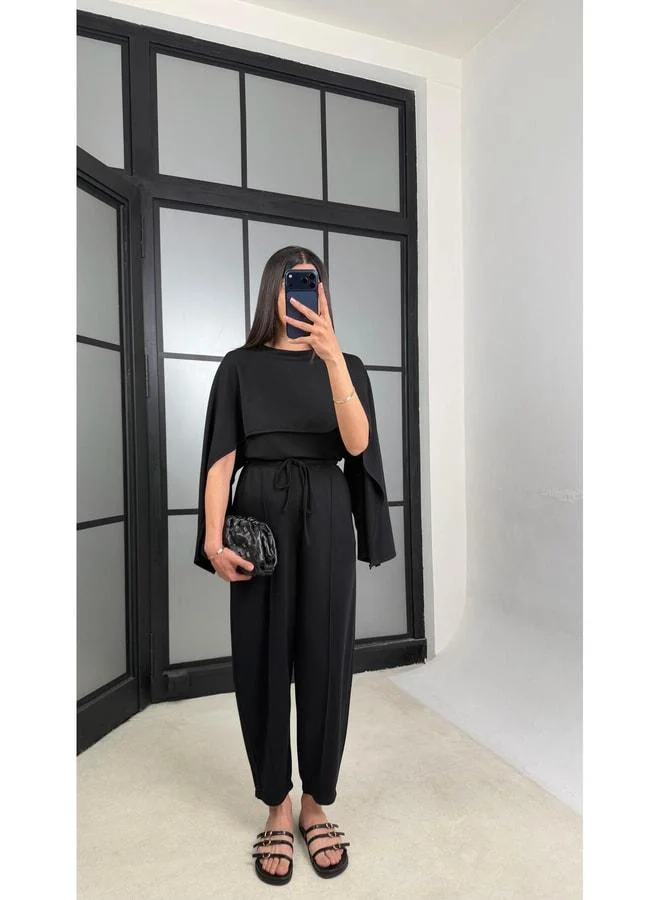 GAUS Black Cape Detailed Blouse with Waist-Elastic Pants Two-Piece Modal Set GAUS-01499.
