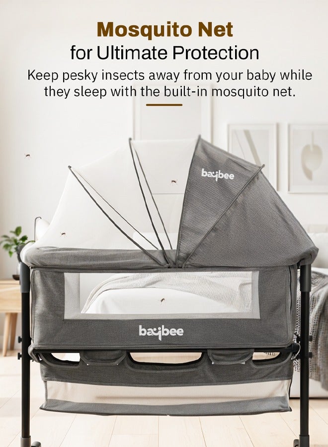 Baybee Premium Baby Bedside Crib Cradle With Height Adjustable Baby Bed with Mattress, Baby Cradle Foldable Bassinet Sleeper Detachable Mosquito Net, Portable Travel Baby Crib for Infant/Newborn-Grey - Image 4