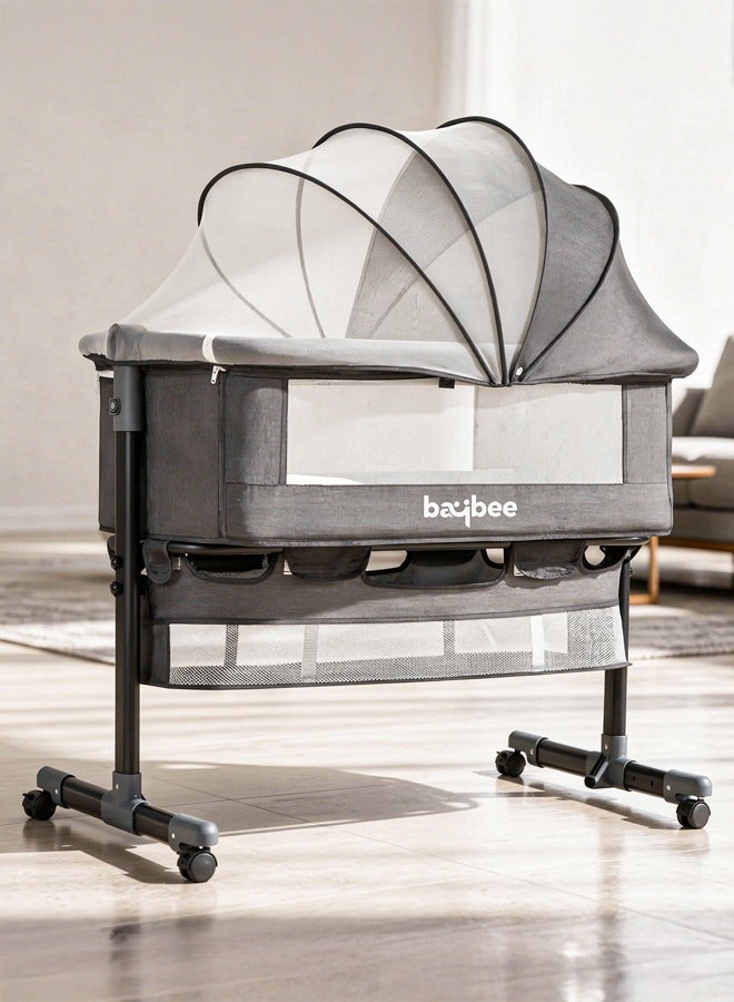 Baybee Premium Baby Bedside Crib Cradle With Height Adjustable Baby Bed with Mattress, Baby Cradle Foldable Bassinet Sleeper Detachable Mosquito Net, Portable Travel Baby Crib for Infant/Newborn-Grey - Image 1