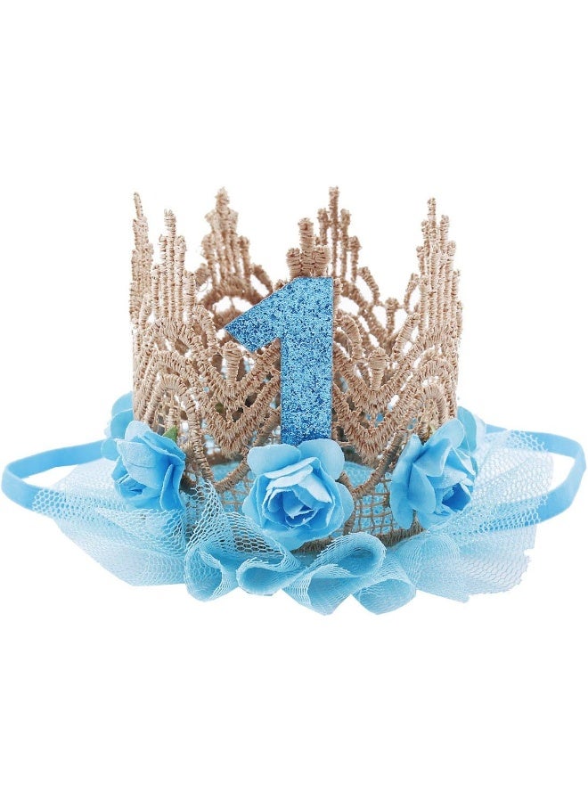June Bloomy Baby Golden Lace Rose Flower Crown 1st Birthday Headband Princess Tiara (Blue)