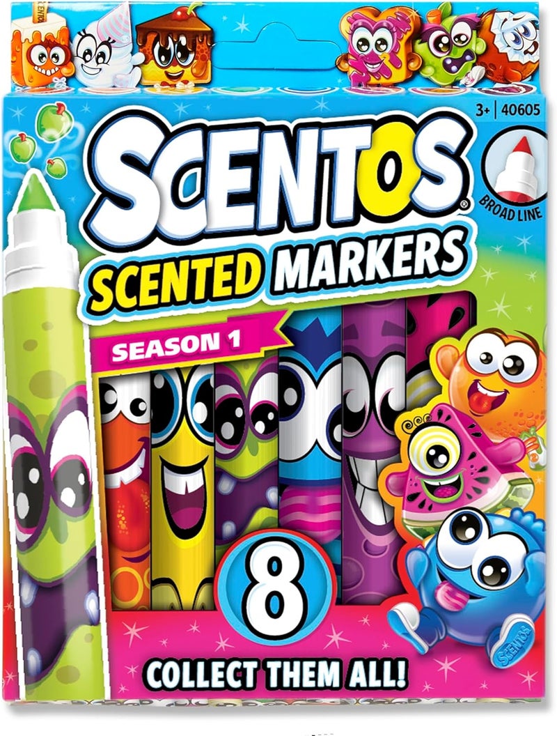Scentos Classic Washable Scented Markers - 8-Count - Kids Non-Toxic Assorted Fruity-Scented Markers for Coloring & Drawing- Bright Colors & Broad Line Tip