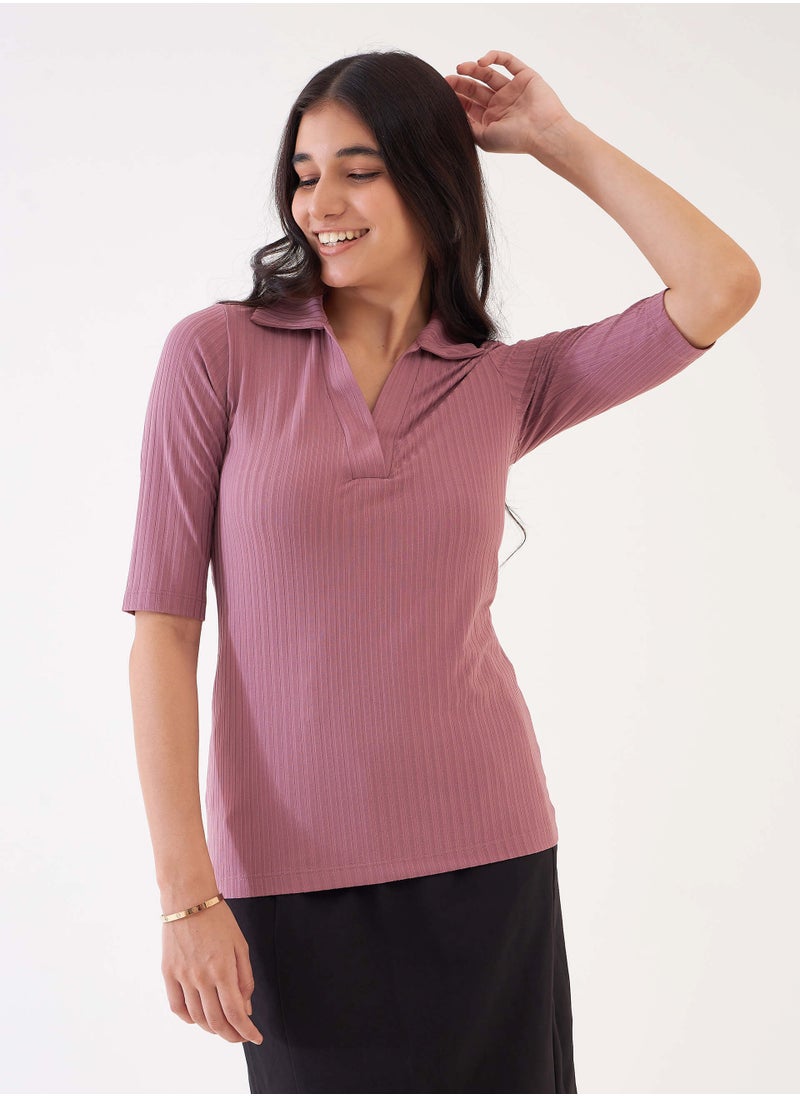 Salt Attire Women's Dusty Pink Collared V Neckline Top with Elbow-Length Sleeves, Rib Knit Fabric for Comfort, and Elegant Everyday Style for Effortless Layering  - Image 1