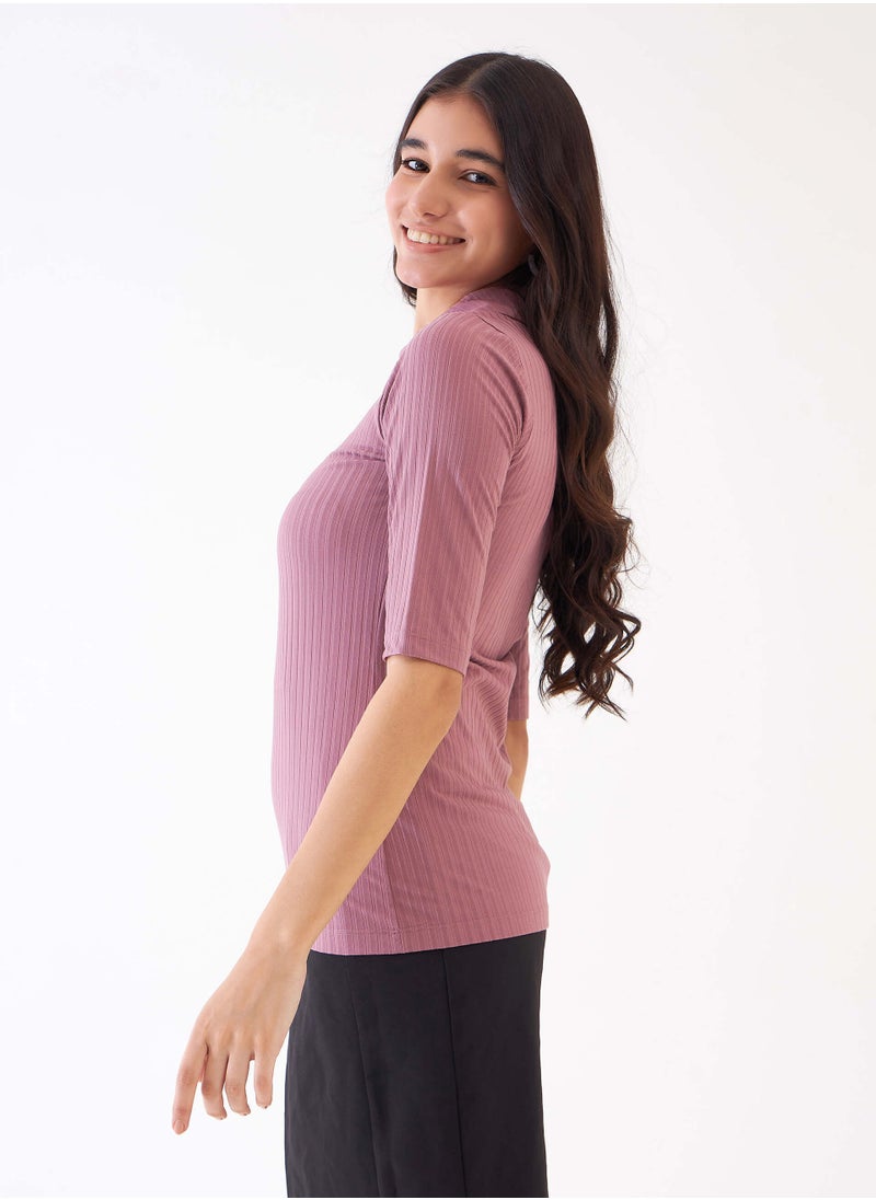 Salt Attire Women's Dusty Pink Collared V Neckline Top with Elbow-Length Sleeves, Rib Knit Fabric for Comfort, and Elegant Everyday Style for Effortless Layering  - Image 2