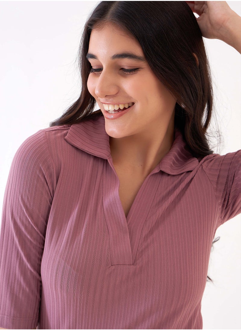 Salt Attire Women's Dusty Pink Collared V Neckline Top with Elbow-Length Sleeves, Rib Knit Fabric for Comfort, and Elegant Everyday Style for Effortless Layering  - Image 4