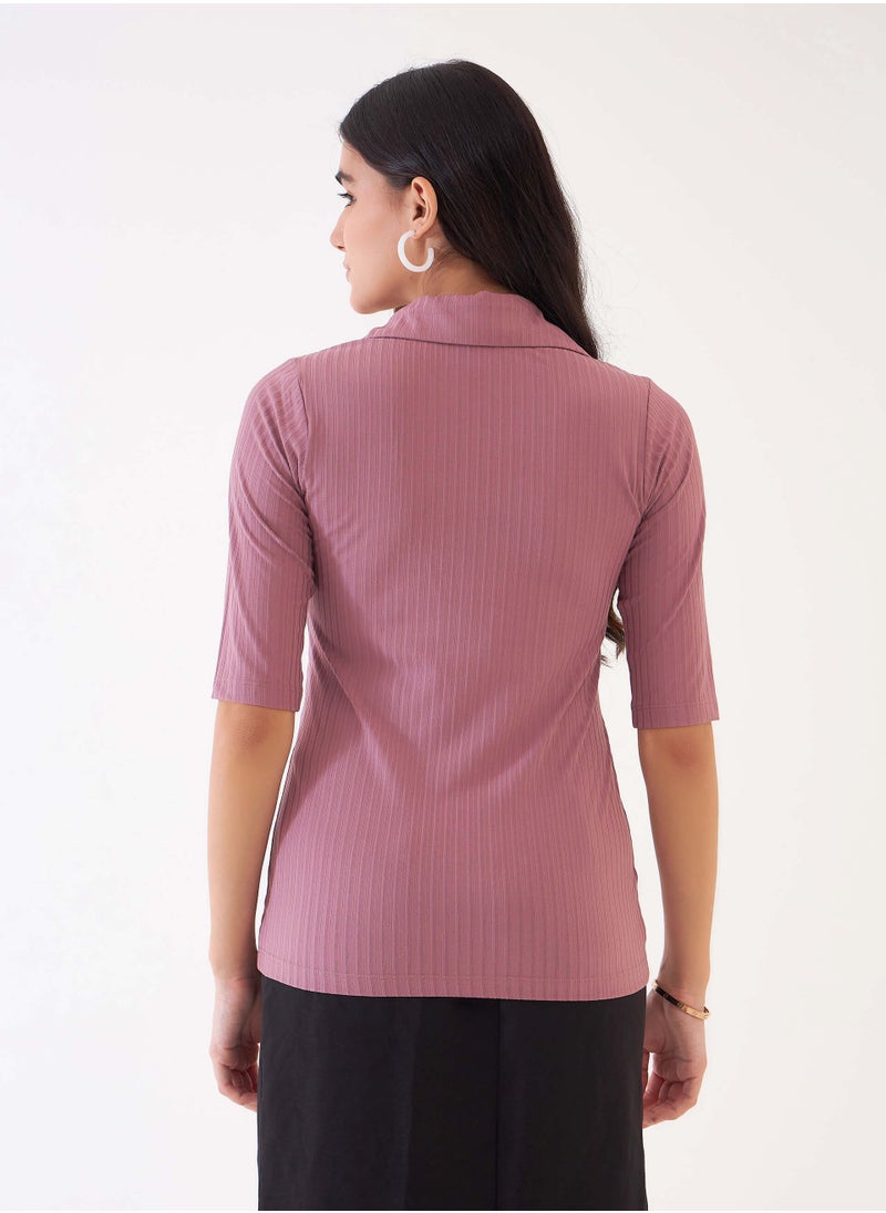 Salt Attire Women's Dusty Pink Collared V Neckline Top with Elbow-Length Sleeves, Rib Knit Fabric for Comfort, and Elegant Everyday Style for Effortless Layering  - Image 5