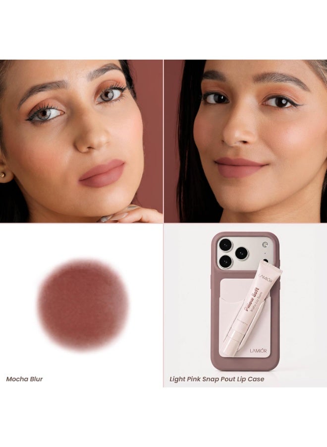 LAMIOR Pillow Soft Matte Lip Balm & Snap Pout Case Combo | Velvet Matte Tinted Color | Peptide, Hyaluronic Acid & Kokum Butter | Soft-Focus Finish | Lightweight Hydrating Formula for Women (Mocha Blur, Lamior Pink) - Image 2