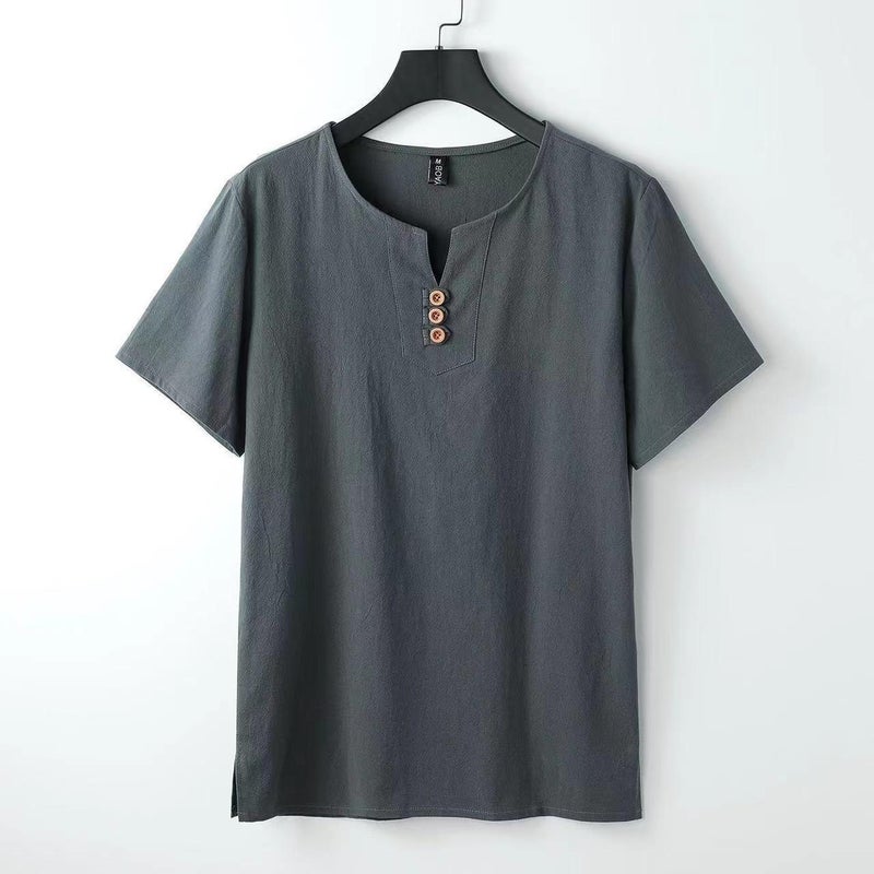 Summer Linen T-shirt Men's Chinese Style Cotton and Linen V-neck Men's Loose plus size Youth Short-sleeved Top Linen Clothes for Men - Image 3
