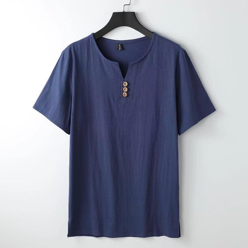 Summer Linen T-shirt Men's Chinese Style Cotton and Linen V-neck Men's Loose plus size Youth Short-sleeved Top Linen Clothes for Men - Image 4