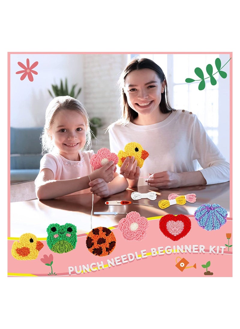 punch needle coasters kit 20 pcs includes 6 cloth with pattern yarn 6 adhesive felts 5 hand tools wooden embroidery hoop and instruction for adults kids beginners starter mug tufted rug making set