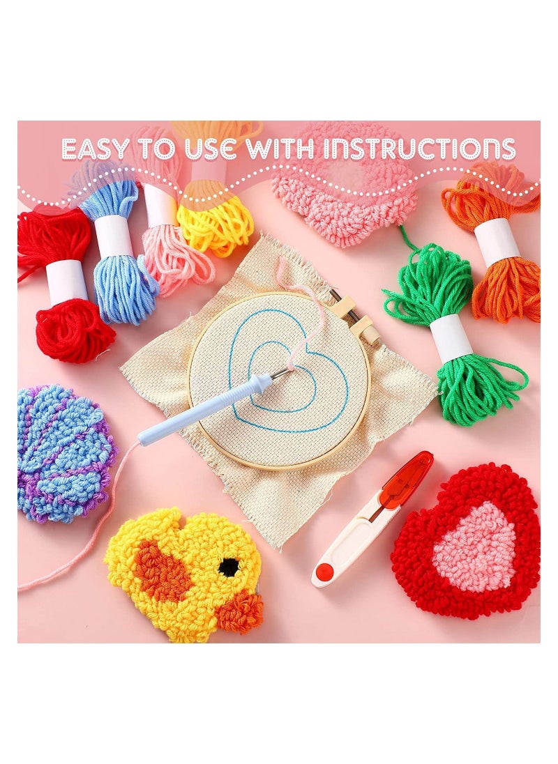 punch needle coasters kit 20 pcs includes 6 cloth with pattern yarn 6 adhesive felts 5 hand tools wooden embroidery hoop and instruction for adults kids beginners starter mug tufted rug making set