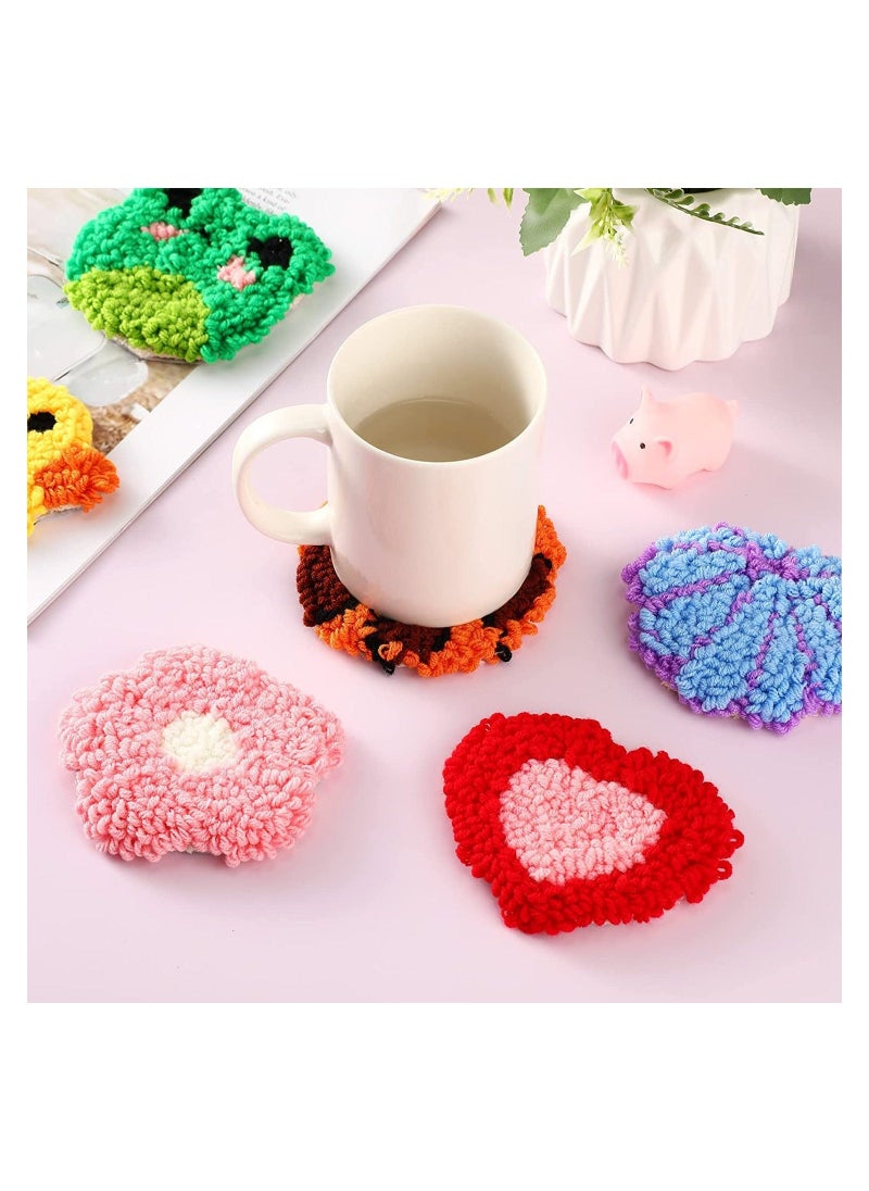 punch needle coasters kit 20 pcs includes 6 cloth with pattern yarn 6 adhesive felts 5 hand tools wooden embroidery hoop and instruction for adults kids beginners starter mug tufted rug making set