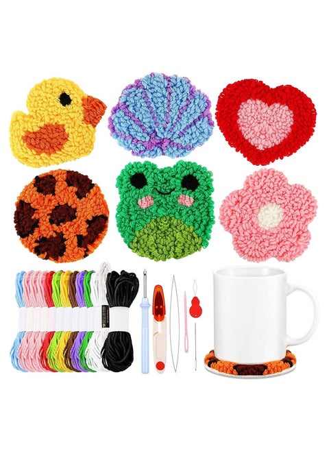punch needle coasters kit 20 pcs includes 6 cloth with pattern yarn 6 adhesive felts 5 hand tools wooden embroidery hoop and instruction for adults kids beginners starter mug tufted rug making set