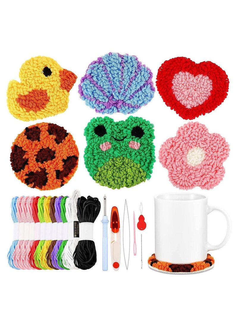 punch needle coasters kit 20 pcs includes 6 cloth with pattern yarn 6 adhesive felts 5 hand tools wooden embroidery hoop and instruction for adults kids beginners starter mug tufted rug making set