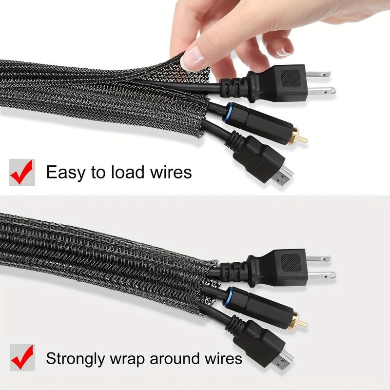 غطاء كابل مضفر بطول 748.03 بوصة، قطر داخلي 6 مم، واقي للأسلاك لكابلات USB والطاقة والصوت والفيديو، حماية من عض القطط، تنظيم الأسلاك باللون الأسود، خارجي متين عالي الجودة. - Image 2