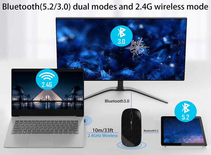 WREANU Wireless Bluetooth Mouse Rechargeable Laptop Mice Silent Slim Use(Bluetooth5.2 and Portable 2.4GHz USB Receiver)Dual Mode Computer Mouse for Laptop/iPad/Tablet/Apple/Computer/Mac(Bright Black) - Image 5