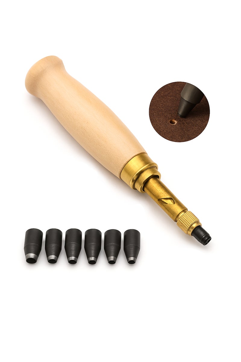 Leather Hole Punch Tool Kit with 6 Replaceable Solid Brass Punch Tips (1.5mm-4mm) - Precision Screw Punch with Ergonomic Wooden Handle for Leather Crafting, Belts, Watch Bands  - Image 1