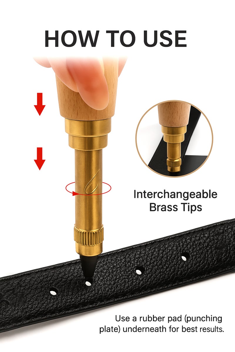 Leather Hole Punch Tool Kit with 6 Replaceable Solid Brass Punch Tips (1.5mm-4mm) - Precision Screw Punch with Ergonomic Wooden Handle for Leather Crafting, Belts, Watch Bands  - Image 2