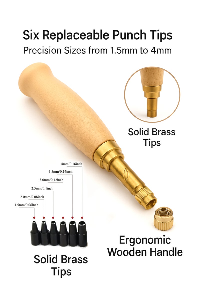 Leather Hole Punch Tool Kit with 6 Replaceable Solid Brass Punch Tips (1.5mm-4mm) - Precision Screw Punch with Ergonomic Wooden Handle for Leather Crafting, Belts, Watch Bands  - Image 3