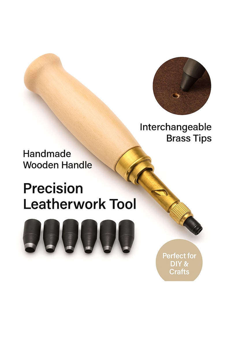 Leather Hole Punch Tool Kit with 6 Replaceable Solid Brass Punch Tips (1.5mm-4mm) - Precision Screw Punch with Ergonomic Wooden Handle for Leather Crafting, Belts, Watch Bands  - Image 5