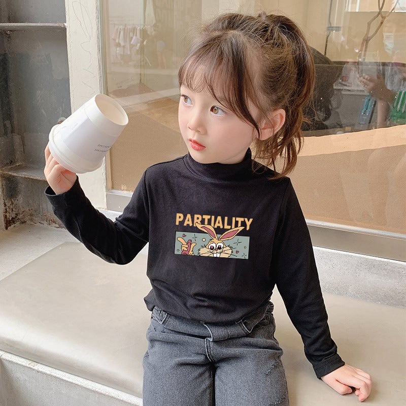 Girls' Velvet Warm T-Shirt Base Shirt Children'S Half-High Collar Long-Sleeved T-Shirt Skin-Friendly Inner Top Trendy - Image 1
