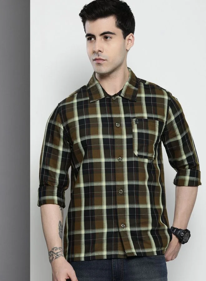 The Indian Garage Co Men Regular Fit Checkered Full Sleeves Cutaway Collar Casual Over Shirt