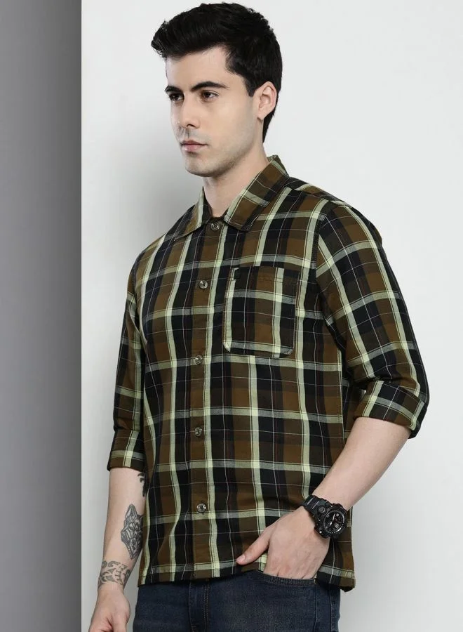 The Indian Garage Co Men Regular Fit Checkered Full Sleeves Cutaway Collar Casual Over Shirt