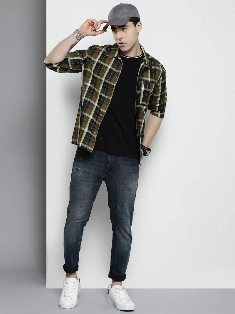 The Indian Garage Co Men Regular Fit Checkered Full Sleeves Cutaway Collar Casual Over Shirt