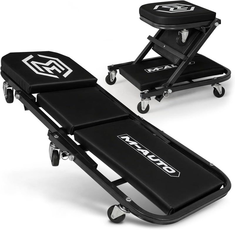 M-AUTO Foldable Z Creeper 2-in-1 Rolling Folding Car Creeper & Seat, 36" Adjustable Roller Garage Chair - Image 1