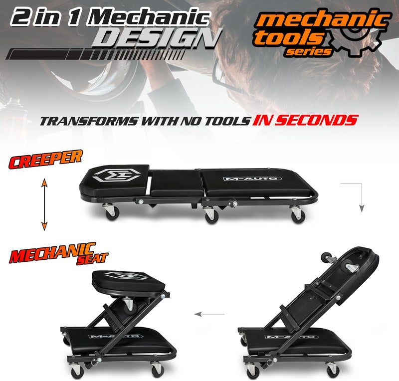 M-AUTO Foldable Z Creeper 2-in-1 Rolling Folding Car Creeper & Seat, 36" Adjustable Roller Garage Chair - Image 4