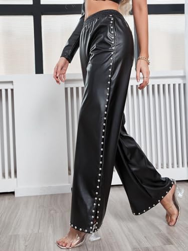 LifeShe Women Faux Leather Pants PU High Waist Straight Wide Leg Studded Pants with Pockets Black - Image 3
