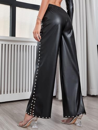 LifeShe Women Faux Leather Pants PU High Waist Straight Wide Leg Studded Pants with Pockets Black - Image 5