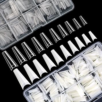 FEBSNOW 1000pcs French Coffin Ballerina Nail Tips Acrylic Nails Artificial Half False Flake Nail Tips 10 sizes with Clear Plastic Cases for Nail Salon Nail Shop DIY Nail Art ClearNatural  - Image 1