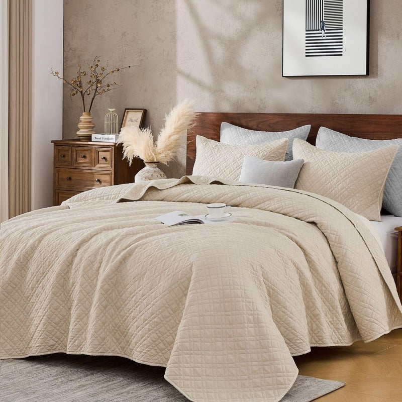 DOWN HOME Queen Quilt Set with Shams Lightweight Quilted Bedspread Coverlet Thin Comforter Bed Cover Vintage Washed Quilted Blanket for All Season, Brushed Microfiber Diamond Stitching, Beige, 88"x92" - Image 1