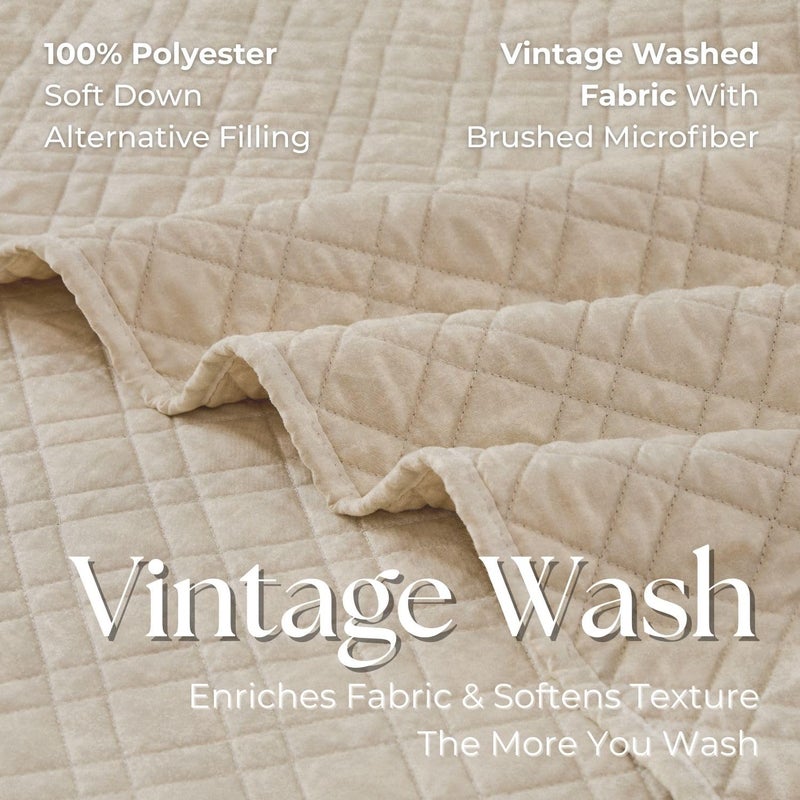 DOWN HOME Queen Quilt Set with Shams Lightweight Quilted Bedspread Coverlet Thin Comforter Bed Cover Vintage Washed Quilted Blanket for All Season, Brushed Microfiber Diamond Stitching, Beige, 88"x92" - Image 4