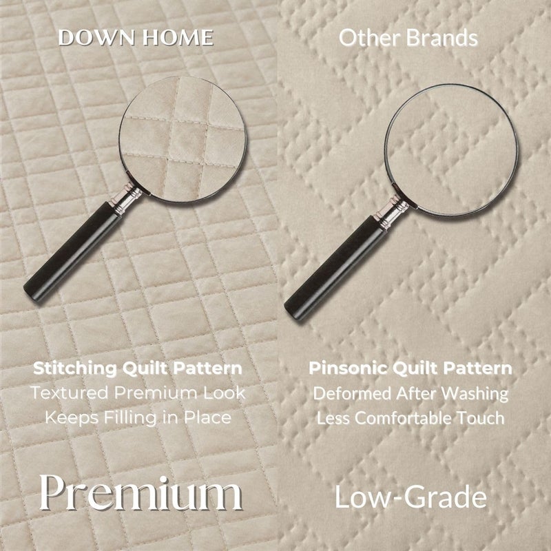 DOWN HOME Queen Quilt Set with Shams Lightweight Quilted Bedspread Coverlet Thin Comforter Bed Cover Vintage Washed Quilted Blanket for All Season, Brushed Microfiber Diamond Stitching, Beige, 88"x92" - Image 3