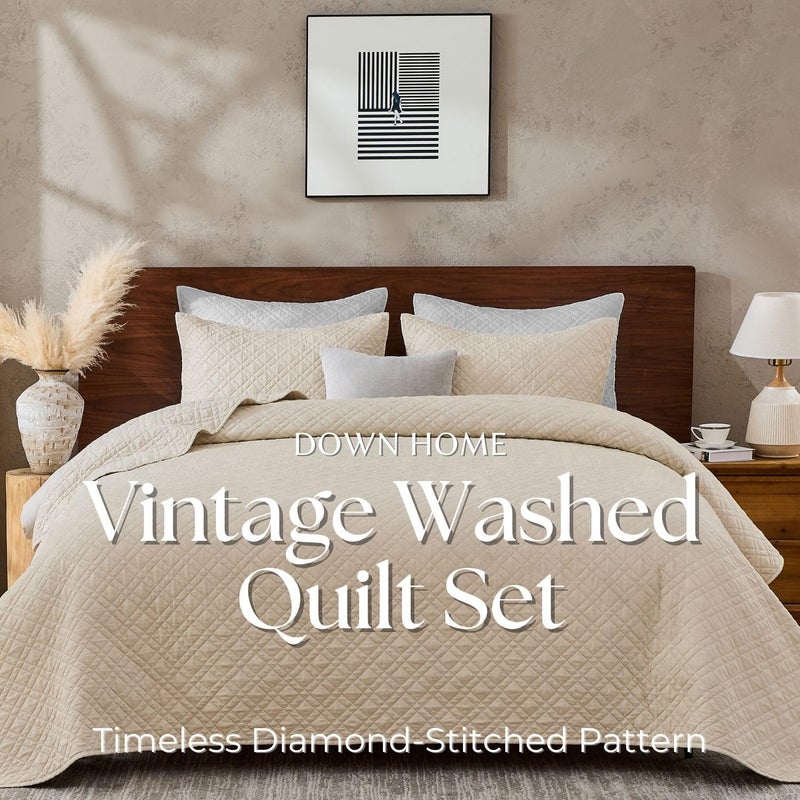 DOWN HOME Queen Quilt Set with Shams Lightweight Quilted Bedspread Coverlet Thin Comforter Bed Cover Vintage Washed Quilted Blanket for All Season, Brushed Microfiber Diamond Stitching, Beige, 88"x92" - Image 2
