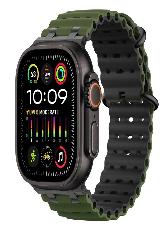 MoKo Ocean Band Compatible with Apple Watch Ultra 3/2/1 49mm,Upgraded Silicone Sports Bands 46mm 45mm 44mm, Series 11/10/9/8/7/6/5 SE3/2/1 Breathable Strap with Metal Connector, Black/Army Green&Black - Image 1