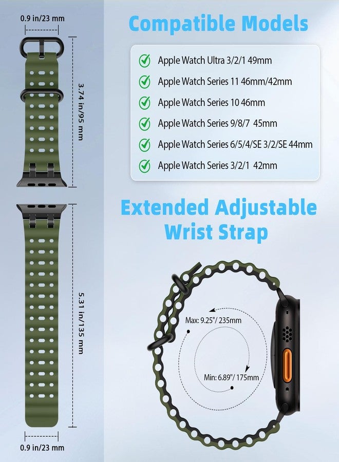 MoKo Ocean Band Compatible with Apple Watch Ultra 3/2/1 49mm,Upgraded Silicone Sports Bands 46mm 45mm 44mm, Series 11/10/9/8/7/6/5 SE3/2/1 Breathable Strap with Metal Connector, Black/Army Green&Black - Image 2