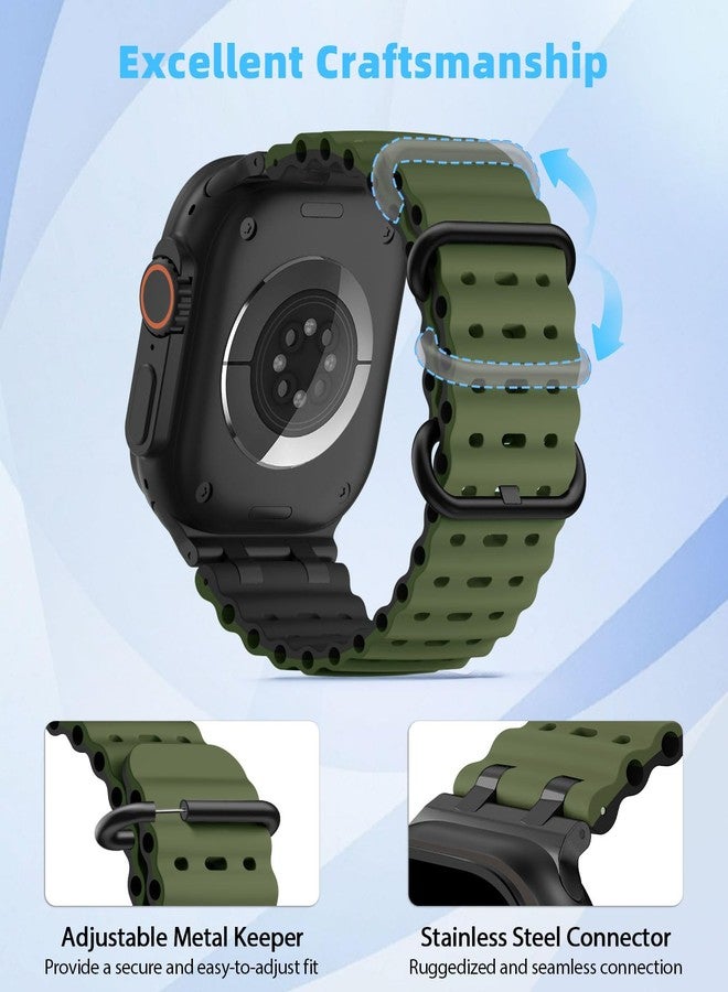 MoKo Ocean Band Compatible with Apple Watch Ultra 3/2/1 49mm,Upgraded Silicone Sports Bands 46mm 45mm 44mm, Series 11/10/9/8/7/6/5 SE3/2/1 Breathable Strap with Metal Connector, Black/Army Green&Black - Image 4