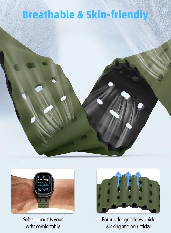 MoKo Ocean Band Compatible with Apple Watch Ultra 3/2/1 49mm,Upgraded Silicone Sports Bands 46mm 45mm 44mm, Series 11/10/9/8/7/6/5 SE3/2/1 Breathable Strap with Metal Connector, Black/Army Green&Black - Image 3
