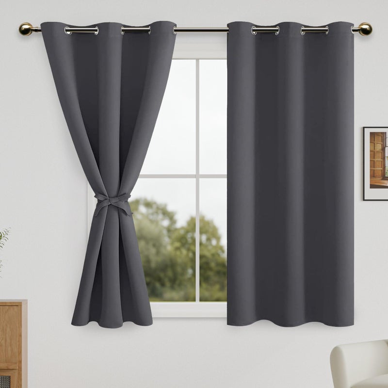 DWCN Dark Grey Blackout Short Curtains for Bedroom with Tiebacks  Thermal Insulated Light Blocking Grommet Window Curtains for Living Room 38 x 45 inch Length Set of 2 Panels
